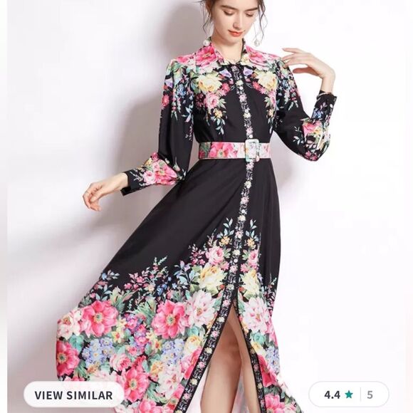 Dalia MacPhee Dress Large Black Pink Floral Button-Front Long Sleeve midi Size S - Picture 2 of 14